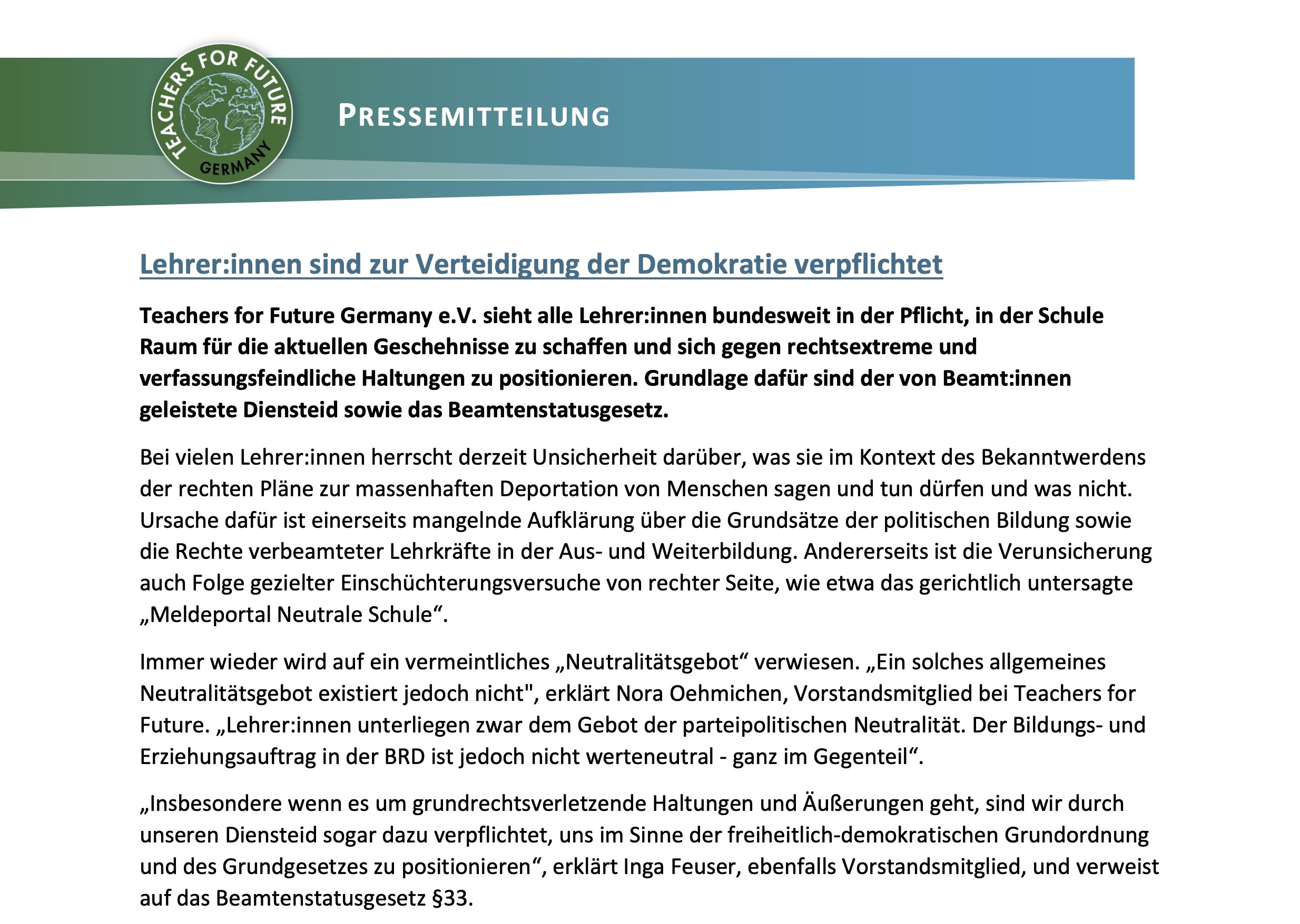 Pressemitteilung: Lehrer:innen sind zur Verteidigung der Demokratie verpflichtet