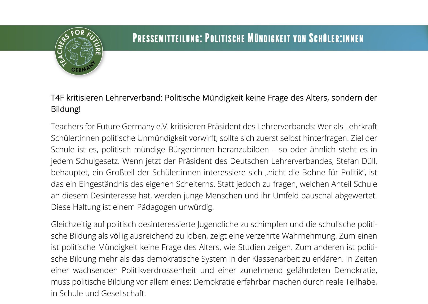 Pressemitteilung: Politische Mündigkeit von Schüler:innen